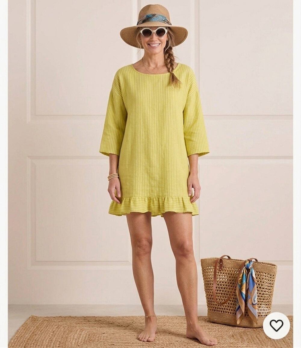 Lungo L'arno Linen Tunic Dress Medium Beach Coverup Boho Coastal Yellow Striped